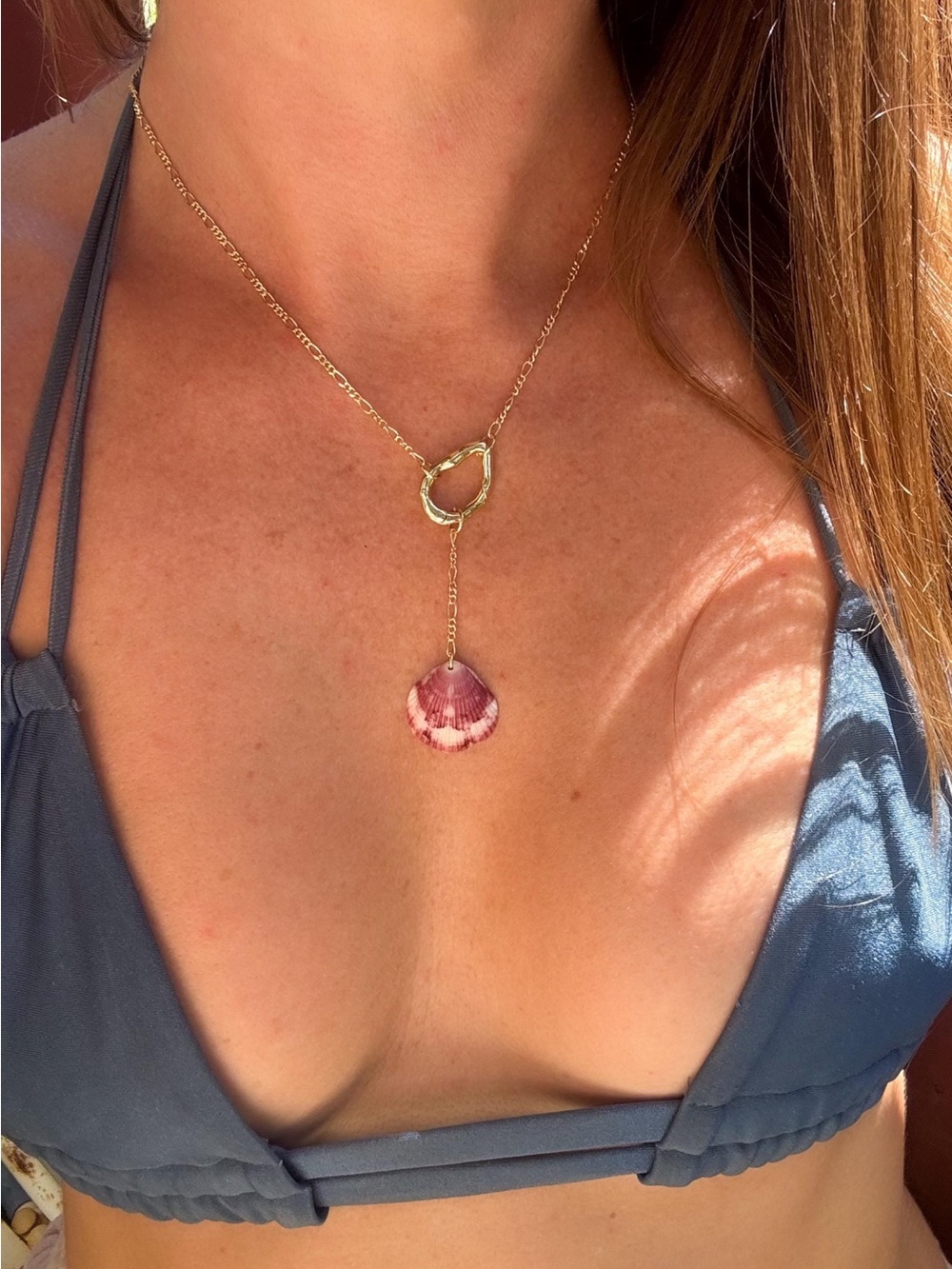 Gold Shell Pendant Necklace with Pink Shell Accent